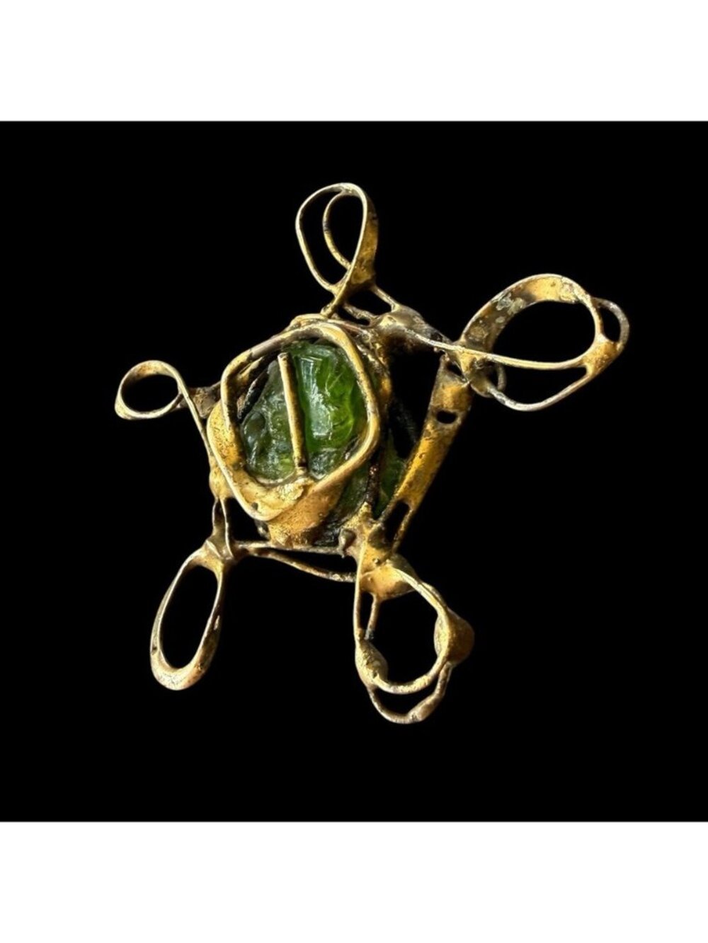 Artisan Freeform Cast Brass Peridot Brutalist Brooch Pin Mid Century